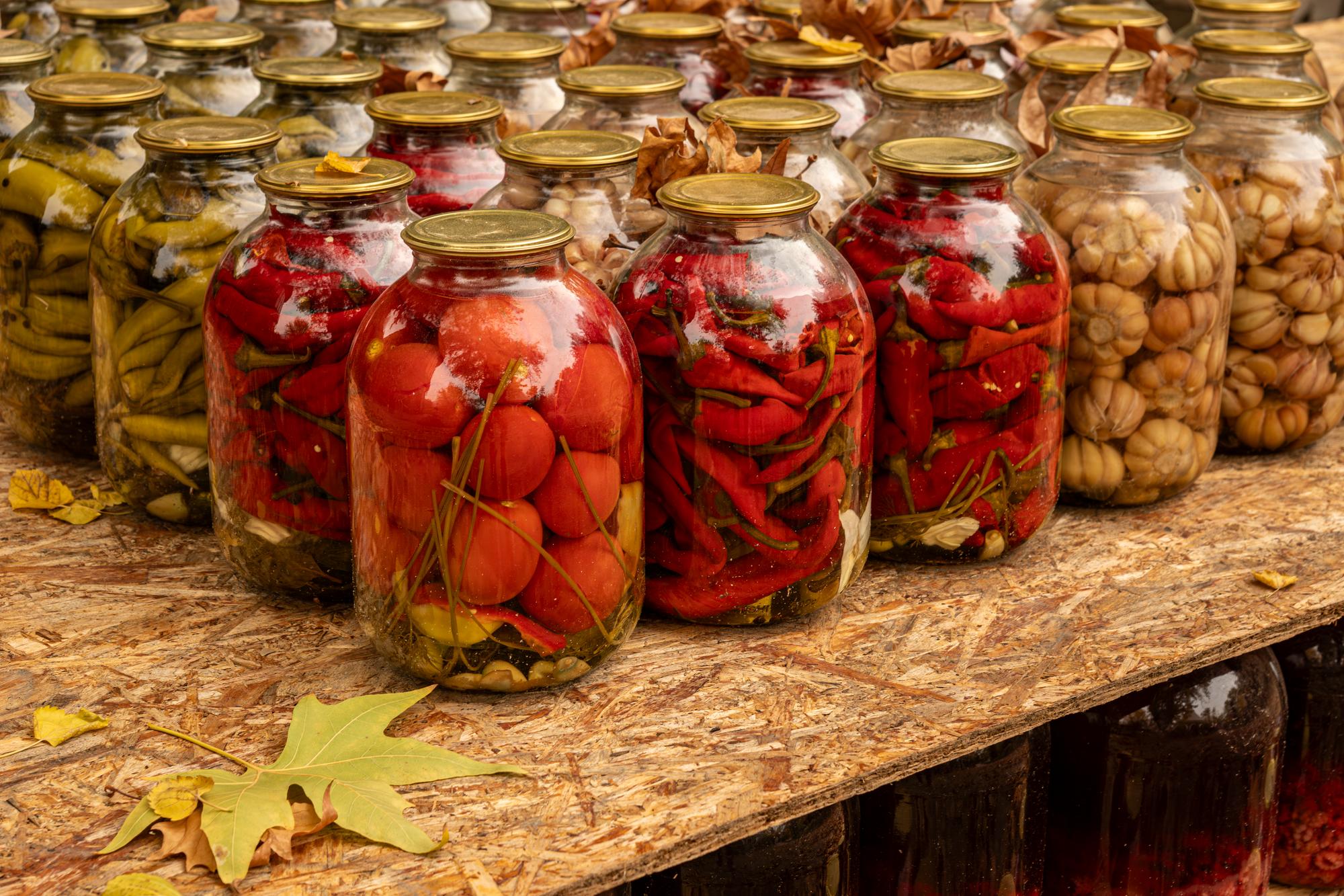 Close-up of preserved vegetables jars